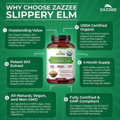 Zazzee USDA Organic Slippery Elm Bark 20:1 Extract, 120 Vegan Capsules, 4 Month Supply, Ulmus Rubra, Digestive, Throat & Mucosal Support, Herbal Supplement, All-Natural, Non-GMO, Made in the USA