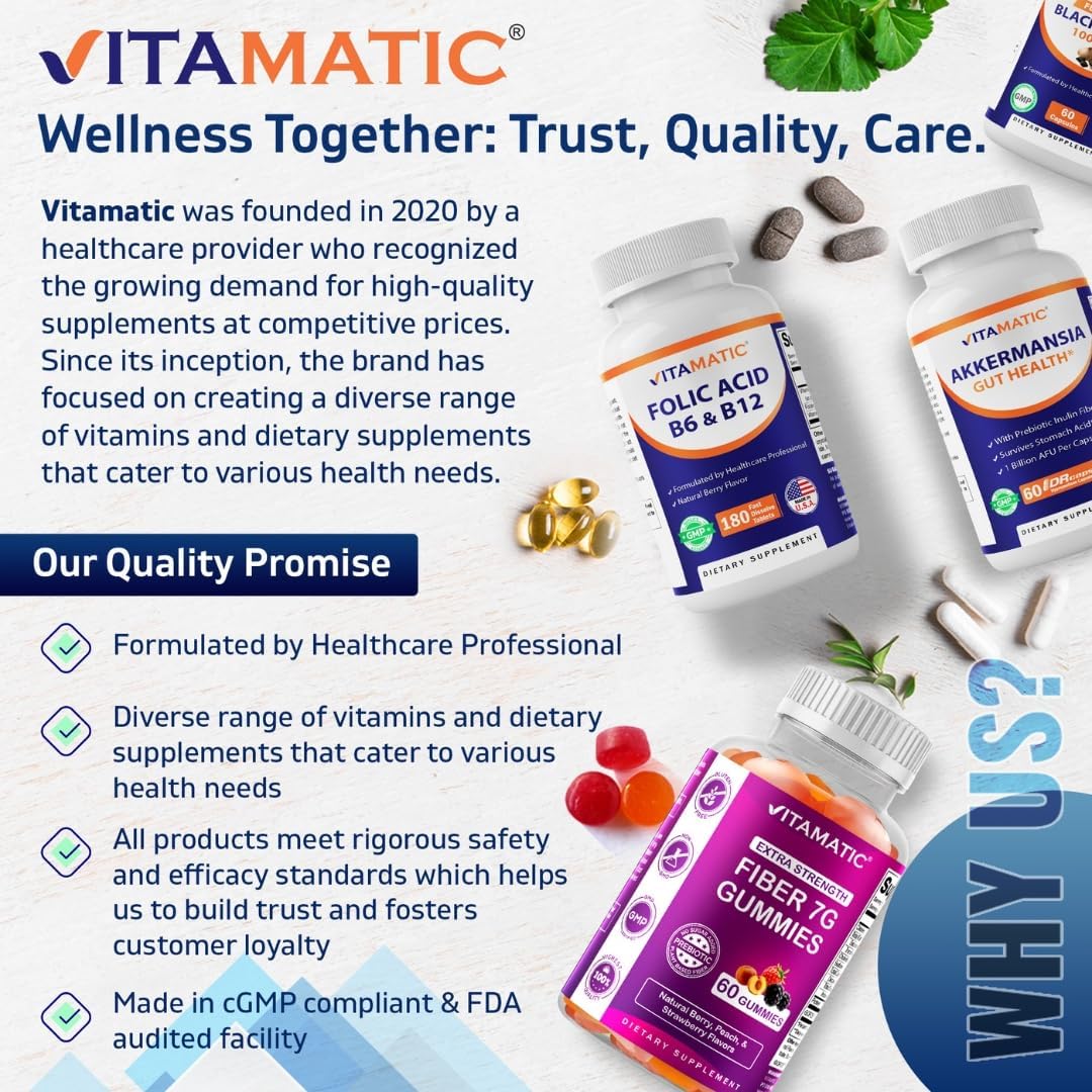 Vitamatic Folic Acid, Vitamin B12 & B6 – 180 Fast Dissolve Tablets Heart Health, Energy Production & Red Blood Cell Support