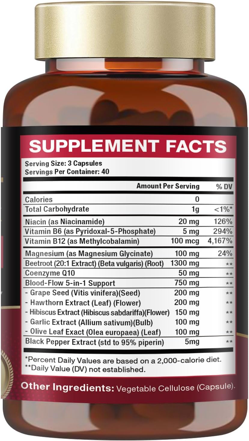 Totaria Beetroot Capsules 2230mg Support Blood Pressure & Heart Health, Nitric Oxide Supplement with Grape Seed, Hawthorn, Garlic & CoQ10, Blood Flow Beet Root Powder | 120 Count