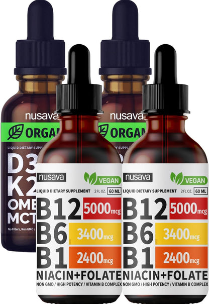 NUSAVA Vitamin B12 Liquid Drops and Unflavored D3 K2 Bundle — Daily Wellness Liquid Vitamins for Energy & Immune Support — Non-GMO, Gluten-Free, 2pk Each