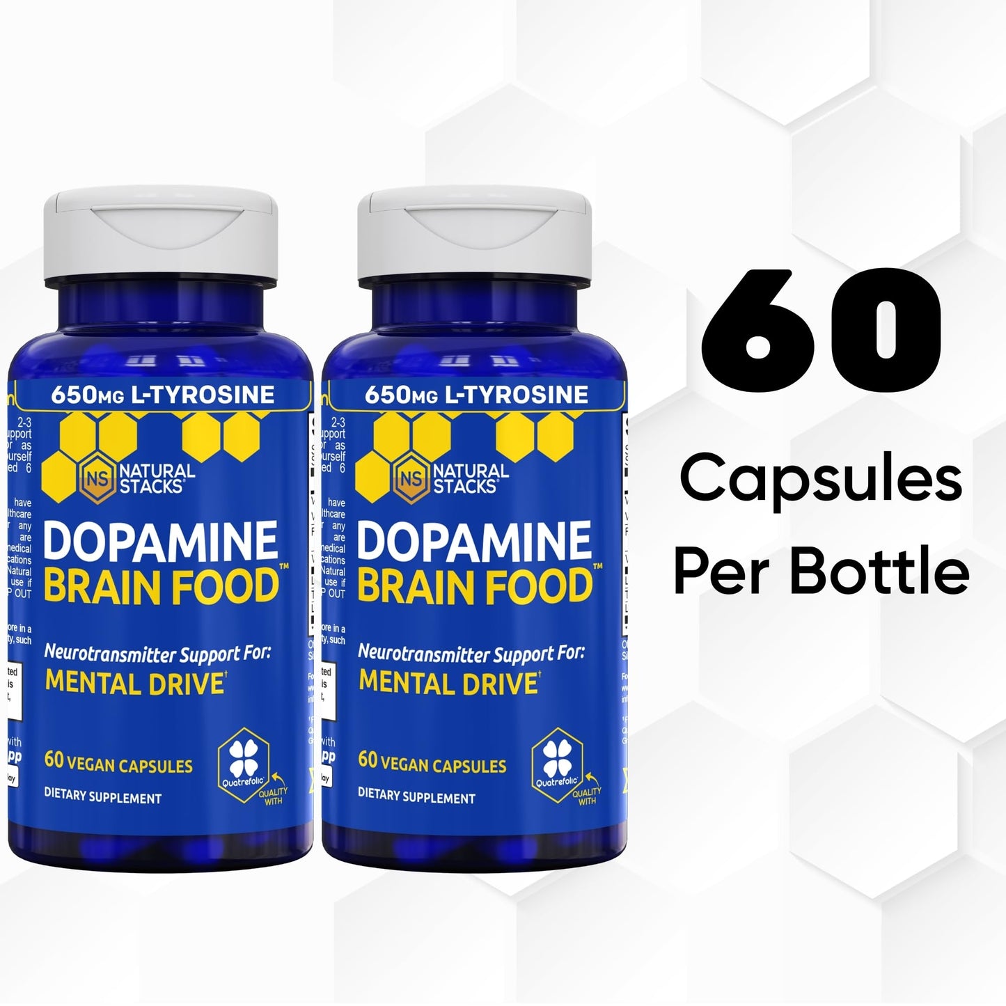 Dopamine Brain Food, Focus & Mental Drive Support with L-Tyrosine, 60 Count | 650mg Tyrosine Supplement with Vitamin B & C - Neurotransmitter Support for Mental Drive & Motivation - Natural Stacks