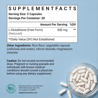 Luma Nutrition Premium Glutathione Supplement - 500mg - 60 Capsules