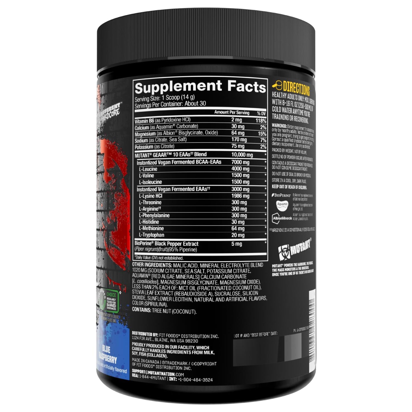 Mutant GEAAR - 9.4g of EAA Powder + Arginine, 7g BCAAs, 4g Leucine, Electrolytes, Coconut Water, 30 Servings - Fruit Punch