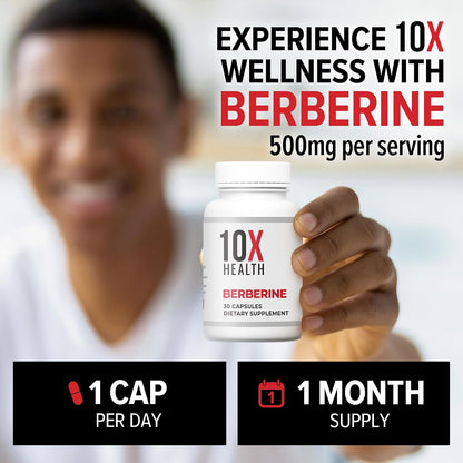 10X Health Berberine - 500mg, 30 Capsules | Dihydroberberine: 500mg for Better Absorption, Cardiovascular & Gut Health Support