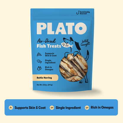 Plato Single Ingredient Wild-Caught Baltic Herring Dog Treats, Air-Dried Whole Fish, Omega-Rich Skin & Coat Support, 8.5 oz
