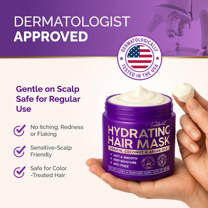 Hydrating Hair Mask - Deep Conditioning Treatment for Dry, Frizzy & Damaged Hair - Keratin Mask with Coconut & Argan Oils, Collagen & Wheat Protein - Smooths, Softens & Controls Frizz, Curl-Safe, 10oz
