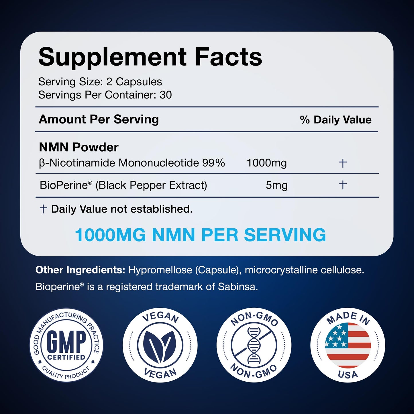 Black Forest NMN Supplements 1000mg (Nicotinamide Mononucleotide) 99% Pure, Stabilized Form, BioPerine® for Enhanced Bioavailability (60 Capsules) (NMN 1000mg per Serving) NAD Supplement for NAD