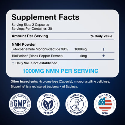 Black Forest NMN Supplements 1000mg (Nicotinamide Mononucleotide) 99% Pure, Stabilized Form, BioPerine® for Enhanced Bioavailability (60 Capsules) (NMN 1000mg per Serving) NAD Supplement for NAD