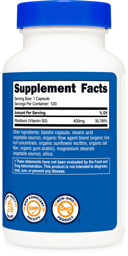 Nutricost Vitamin B2 (Riboflavin) 400mg, 120 Capsules - Gluten Free, Non-GMO