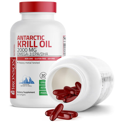 Bronson Antarctic Krill Oil 2000 mg with Omega-3s, 120 Softgels | Heavy Metal Tested, with EPA, DHA, Astaxanthin and Phospholipids, Non-GMO, Gluten Free, Soy Free