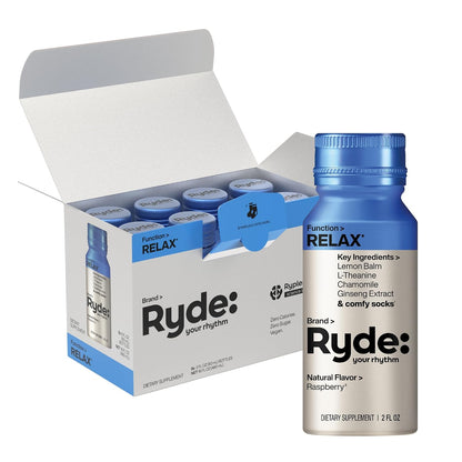 RYDE Shots, Energize + Relax, Essential B Vitamins, Ginseng, Chamomile and Caffeine, Zero Calories, Zero Sugar, Pack of 16