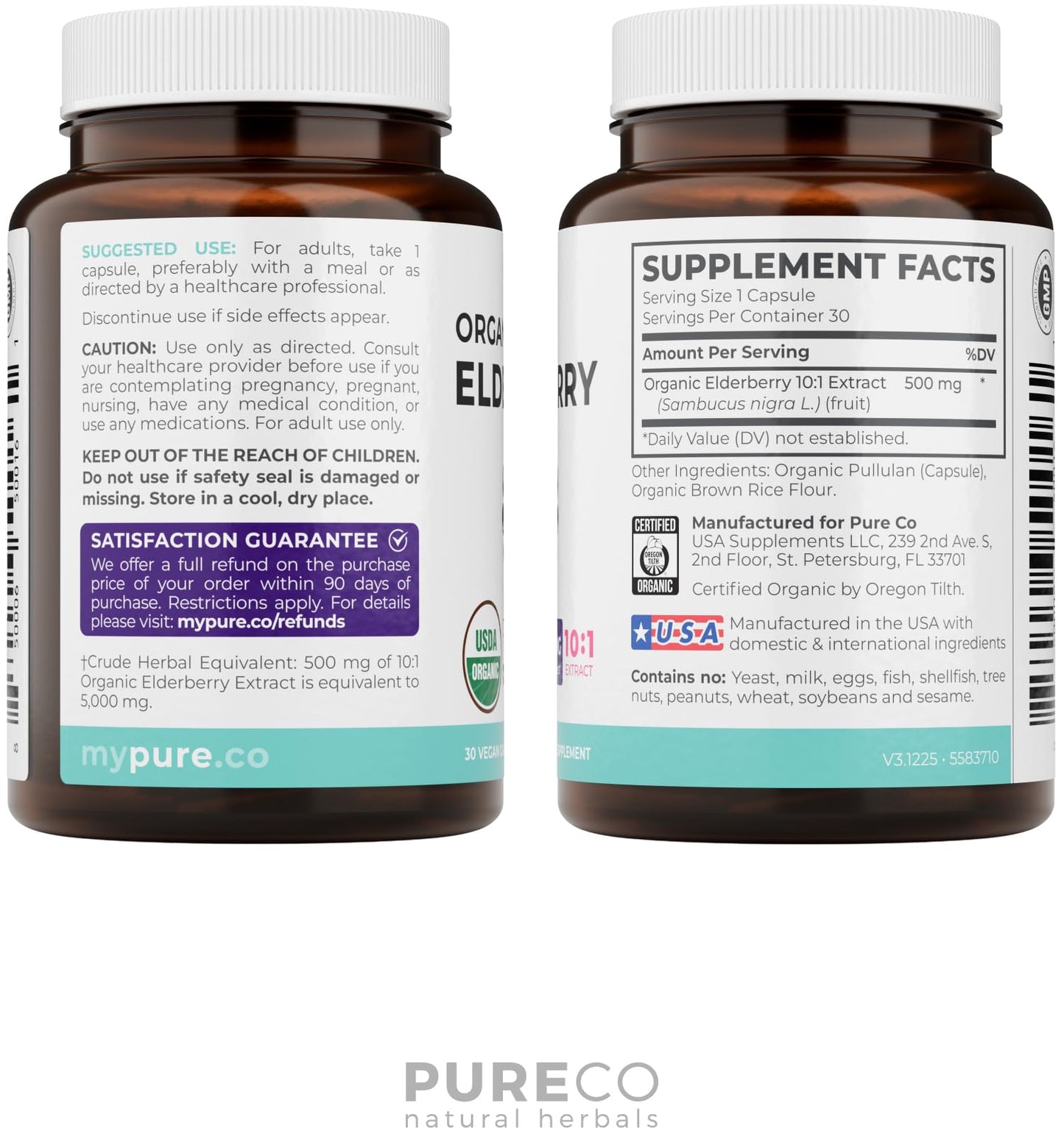 PURE CO Organic Elderberry 10:1 Extract 500mg Per 1 Capsule Serving - Vegan Black Elderberry Supplement for Immune Support, Allergy, Sinus Relief - Sambucus Nigra - 30 Caps