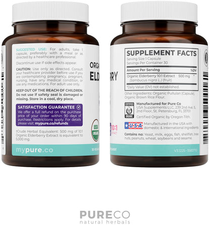 PURE CO Organic Elderberry 10:1 Extract 500mg Per 1 Capsule Serving - Vegan Black Elderberry Supplement for Immune Support, Allergy, Sinus Relief - Sambucus Nigra - 30 Caps
