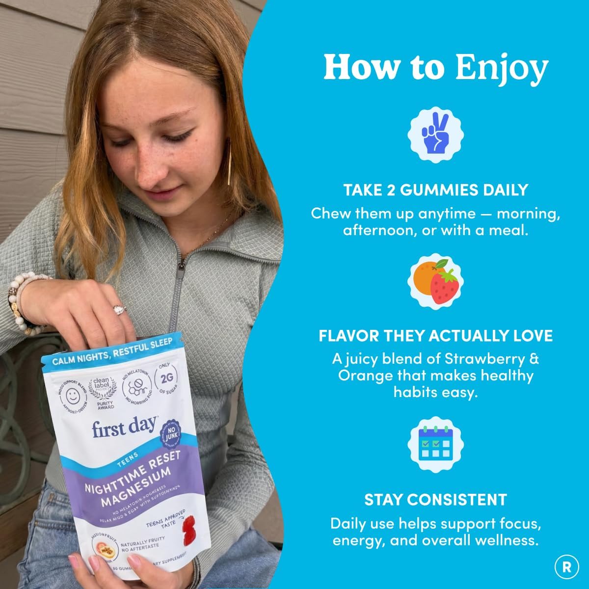 FIRST DAY Calm Magnesium for Teens Gummies, Affron, No Melatonin, 60 Count | Passionfruit-guava magnesium gummies with citrate and Affron; melatonin-free nighttime relaxation support for teens.