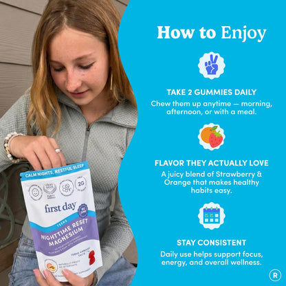 FIRST DAY Calm Magnesium for Teens Gummies, Affron, No Melatonin, 60 Count | Passionfruit-guava magnesium gummies with citrate and Affron; melatonin-free nighttime relaxation support for teens.