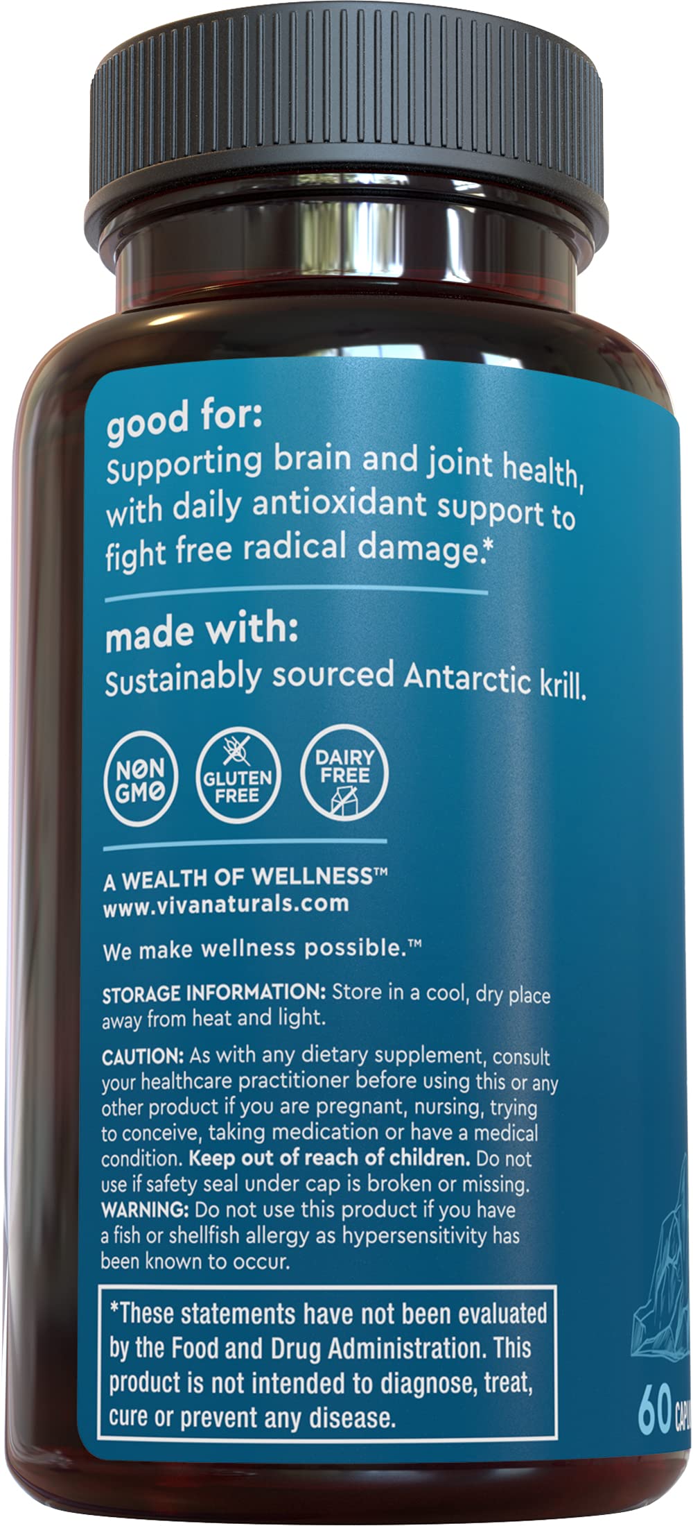 Viva Naturals Antarctic Krill Oil Omega 3 Supplements 1250 mg - DHA EPA Omega-3 & Astaxanthin Concentration for Joint Health, No Fish Burp - 60 Krill Oil Capsules