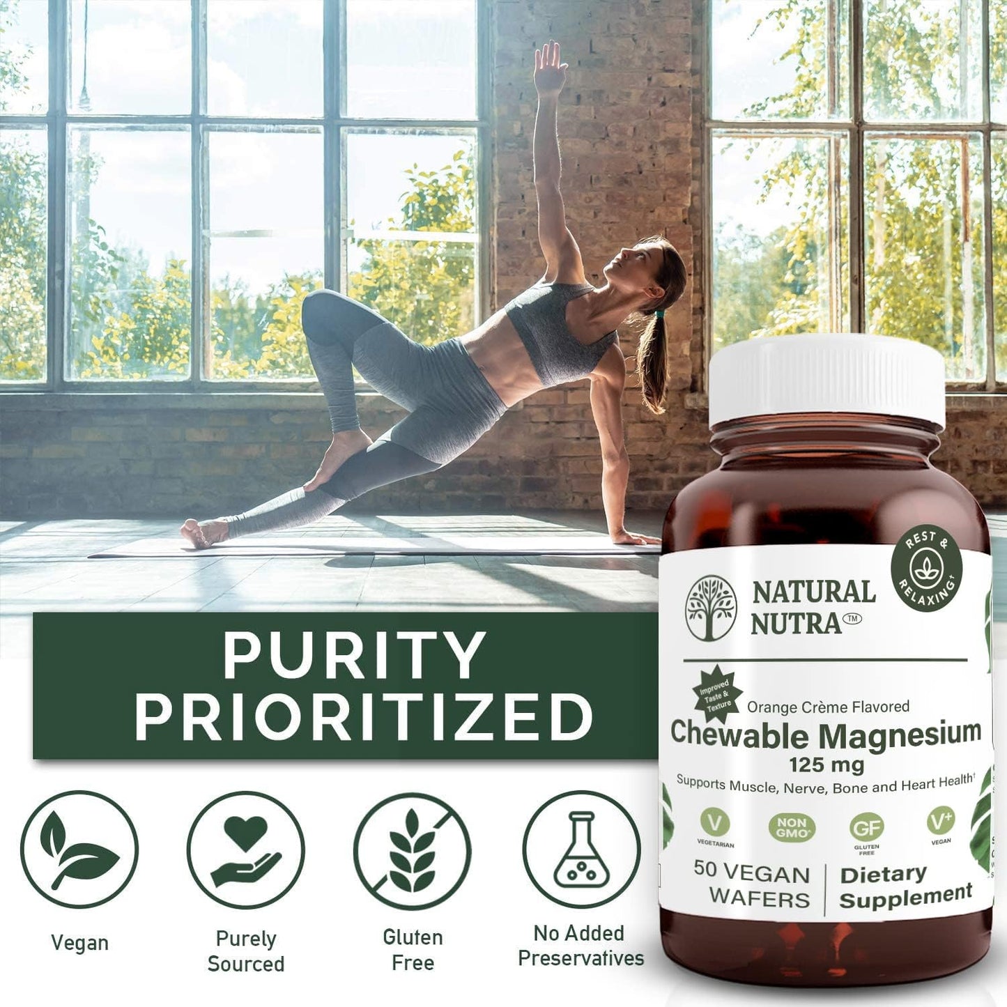 Natural Nutra Chewable Magnesium Supplement with Citrate and Chelate for Kids and Adults, Promotes Better Sleep, Best Pure Mag Chew for Muscle, Nerve, Bone, and Heart Health, 125mg, 50 Vegan Wafers
