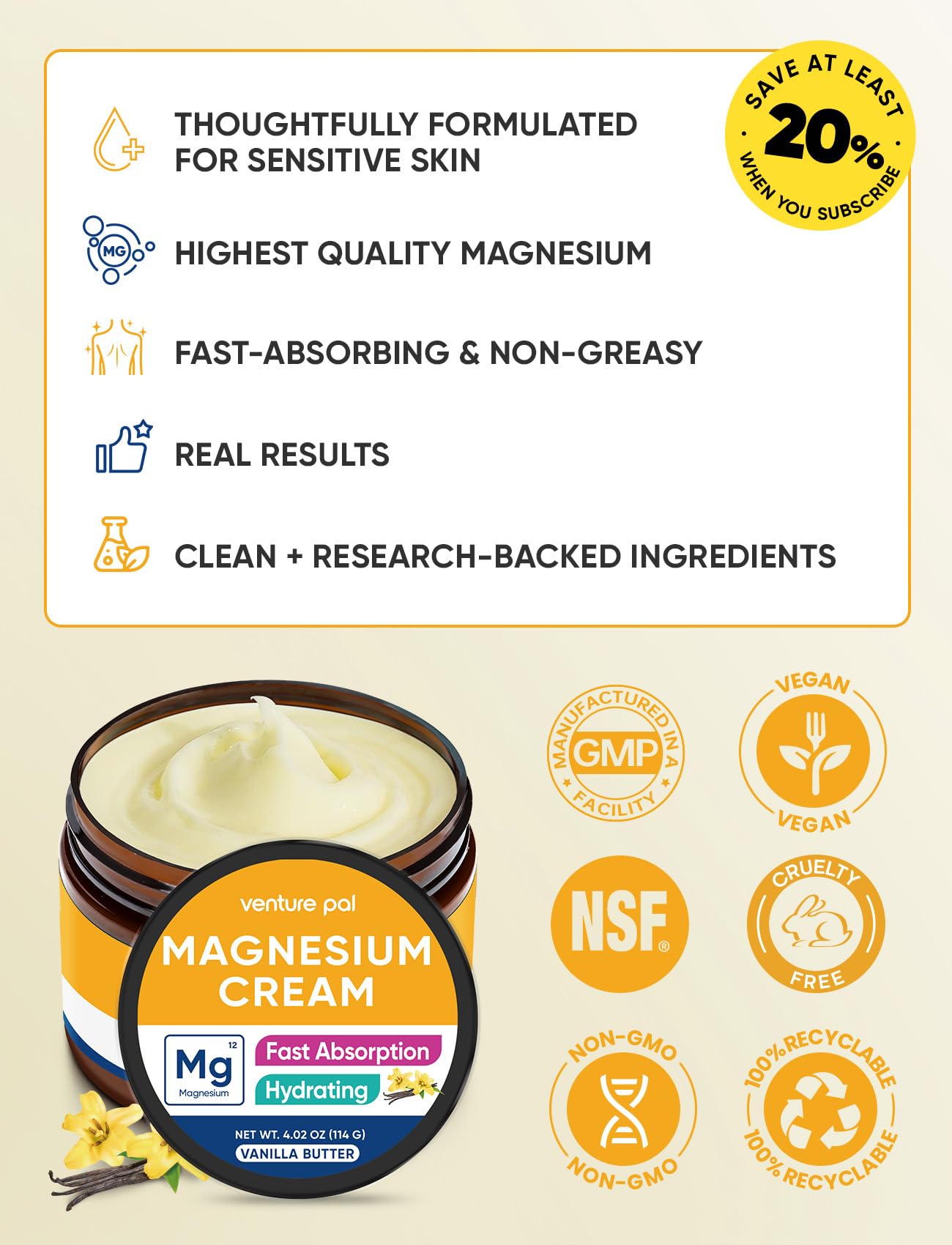 Venture Pal Topical Magnesium Cream, Highly Concentrated Magnesium Lotion | Fast-Absorbing Magnesium Moisturizing Cream with Coconut Oil, Shea Butter & Hyaluronic Acid; Suitable for Kids