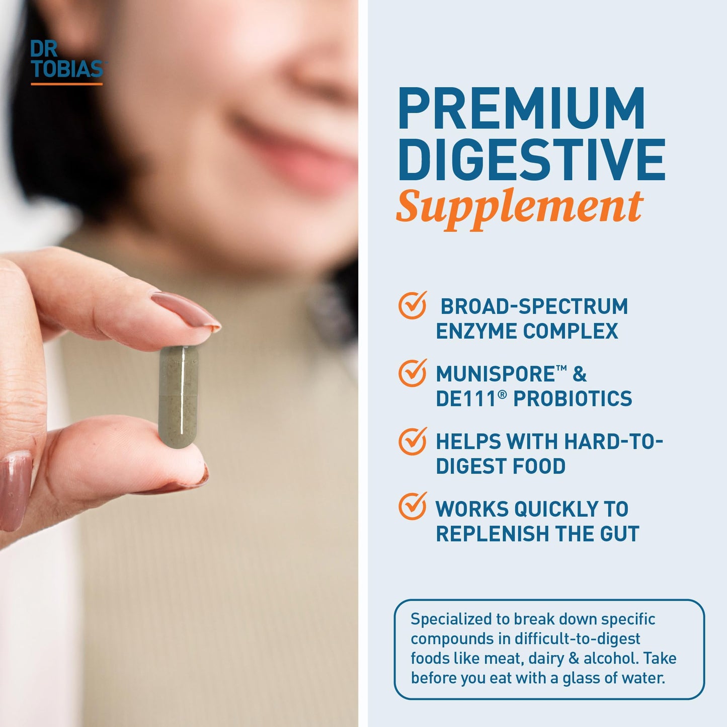 Dr. Tobias Digestive Enzymes + Prebiotics & Probiotics 60 Capsules | Digestion & Gut Support | Enzymes + Prebiotics + Probiotics + Postbiotics | Bromelain, Amylase & Lipase | 30 Servings