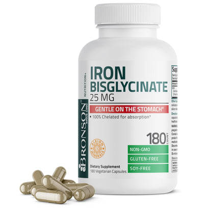 Bronson Iron Bisglycinate 25 mg, 90 Vegetarian Capsules | Gentle on the Stomach, Non-Constipating, Supports Energy & Red Blood Cell Production, Non-GMO, Gluten-Free & Soy-Free