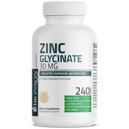Bronson Zinc Glycinate 30mg Chelated Superior Absorption 100% Chelated Formula Non-GMO, 120 Vegetarian Capsules