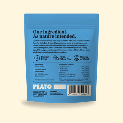 Plato Pet Treats Fish Dog Treats - Air-Dried, Single Ingredient Pet Treat - Omega 3 & 6 Fatty Acids to Support Skin and Coat - 100% Whole Fish - Wild Caught Baltic Sprat - 3 oz - 2 Pack