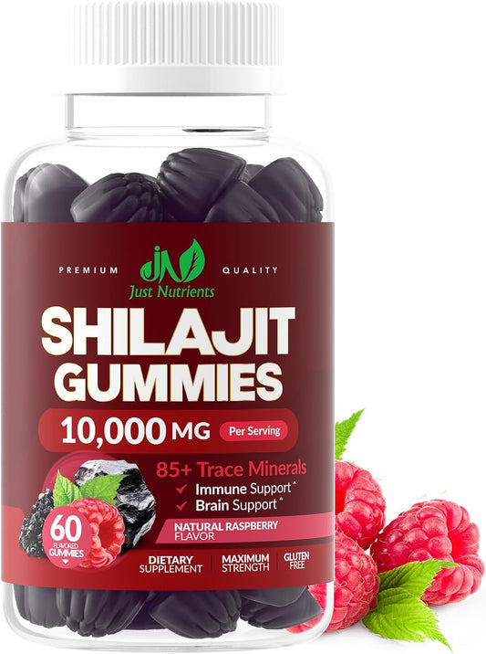 Shilajit 10,000mg Gummies for Men & Women - Maximum Strength Pure Himalayan Shilajit, Gluten-Free, Non-GMO, 100% Vegetarian - Natural Raspberry Flavor - 60 Count