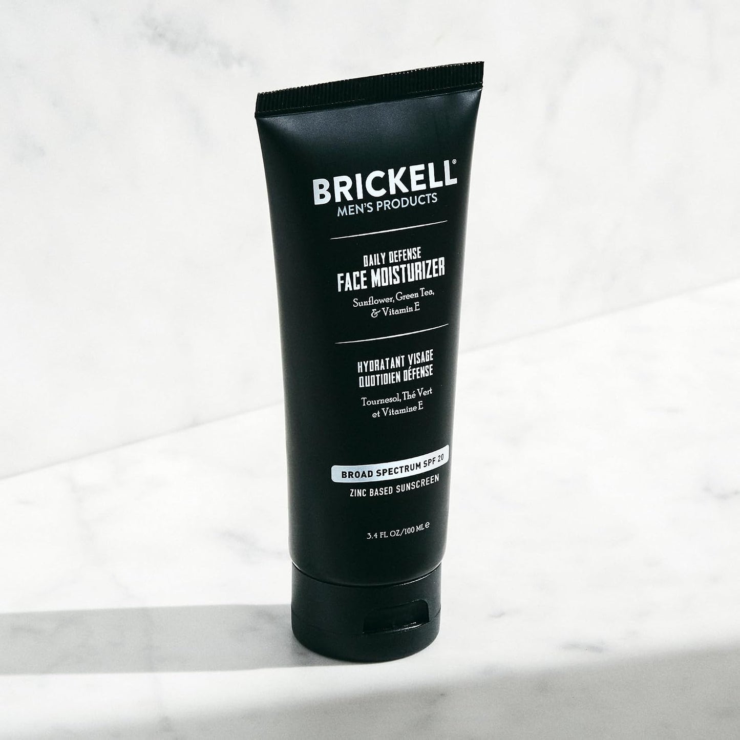 Brickell Men's Daily Defense SPF20 Face Moisturizer for Men, Moisturizing Mineral Sunscreen, Hydrates & Protects Skin Against Harmful UVA/B Rays, With Zinc, Green Tea, & Vitamin E, 3.4oz, Unscented