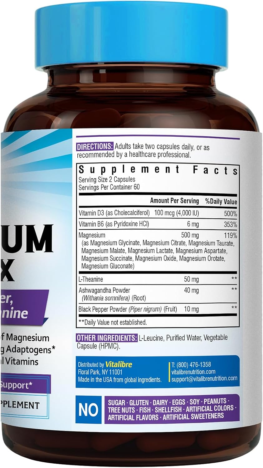 Vitalibre 15 in 1 Magnesium Complex for Women Men, 120 Vegan Capsules | Magnesium Glycinate, Malate, Taurate and More, with Ashwagandha, L-Theanine, Vitamin D3 & B6, Relaxation, Bone, Nerve Support