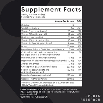 Sports Research® Hydrate Electrolytes Powder Packets - Sugar-Free & Naturally Flavored with Vitamins, Minerals, and Coconut Water - Supports Hydration - 16 Packets - Variety Pack | Sugar-Free