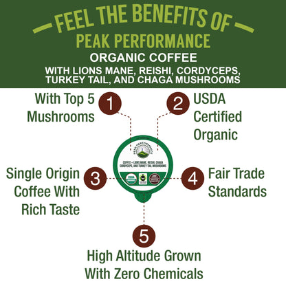 Organic Mushroom Coffee Pods with Lion's Mane, Reishi, Cordyceps, Turkey Tail, and Chaga Mushrooms. High Altitude, Low Acid, Smooth Tasting, Fair Trade, Instant Nootropic Coffee (Medium Roast Ground)