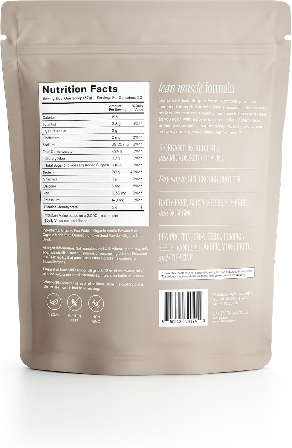 Happy Aging Vegan Protein Powder for Women, 20g Organic Pea & Pumpkin Seed Protein, 5g Creatine for Women, Monk Fruit Sweetened, Organic Cocoa & Chia, Vegan Plant Based Protein