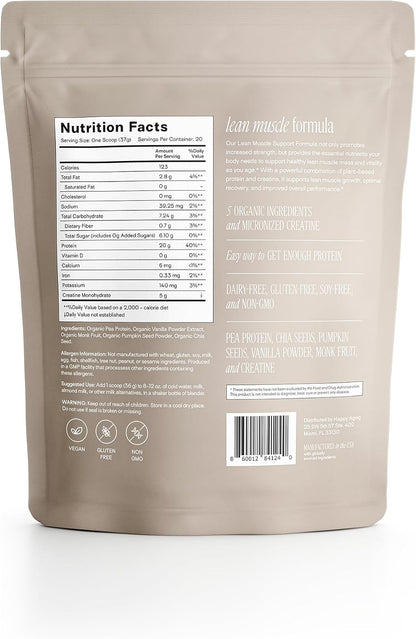 Happy Aging Vegan Protein Powder for Women, 20g Organic Pea & Pumpkin Seed Protein, 5g Creatine for Women, Monk Fruit Sweetened, Organic Cocoa & Chia, Vegan Plant Based Protein
