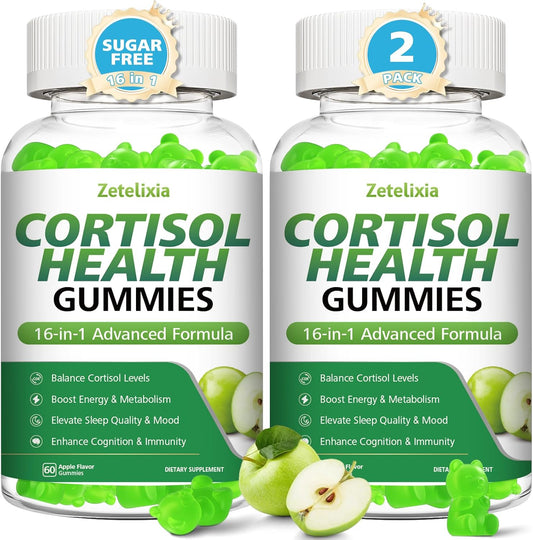 Cortisol Gummies for Women, 16-in-1 Cortisol Supplements for Women,Cortisol Reducer with Ashwagandha, Rhodiola Rosea, Magnesium, L-theanine for Relaxation, Zzz, Cognition, Apple Flavor, 120Cts