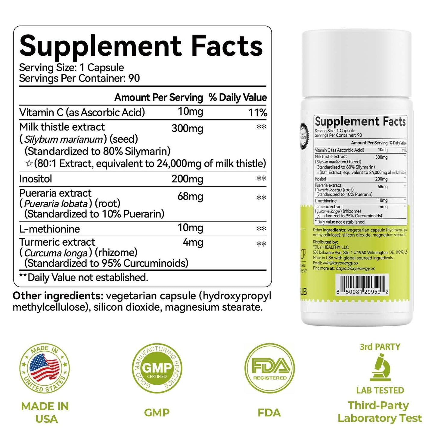 OxyEnergy Milk Thistle Liver Support Supplement, 80% Silymarin, Daily Supplement with Inositol, Turmeric & Vitamin C, Non-GMO, Gluten-Free, 90 Vegetarian Capsules