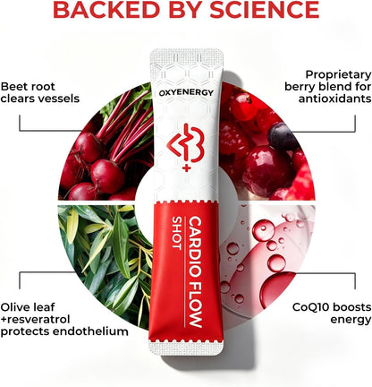 OxyEnergy Heart & Vascular & Blood Pressure Health Liquid Supplement | Nitric Oxide, Beet Root & CoQ10 & Olive & Resveratrol, Non-GMO, Natural Berry Flavor 21 Stick Packs