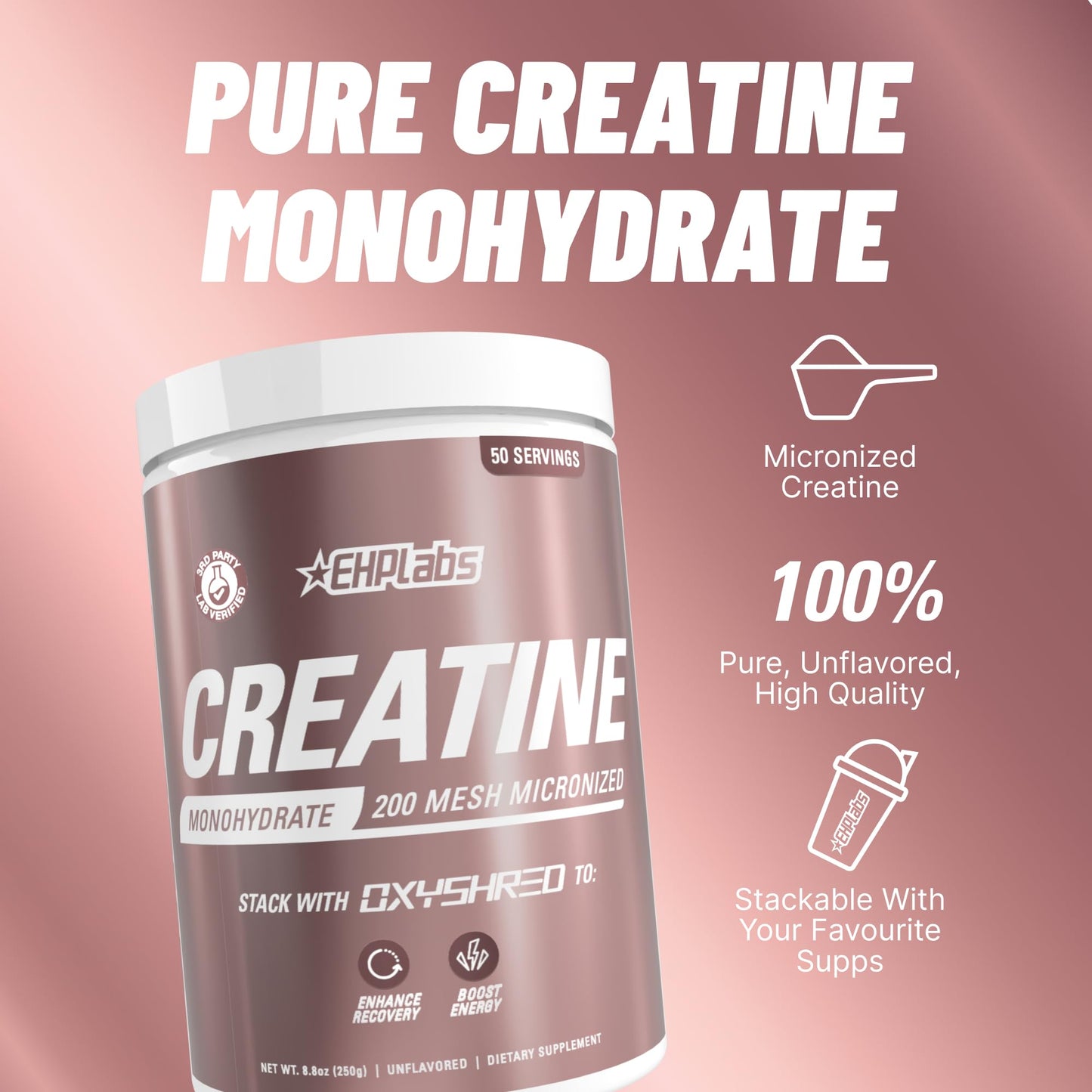 EHP Labs CREA-8 Creatine Monohydrate Powder, Unflavored, 100 Servings | Micronized Creatine For Muscle Growth, Strength & Energy. Mixes Easily, No Clumping. Pre Or Post Workout. 500g