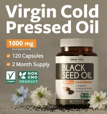 Black Seed Oil - 120 Softgel Capsules Skin Health (Non-GMO & Vegan) Cold-Pressed Nigella Sativa Producing Pure Black Cumin Seed Oil with Vitamin E - 500mg Each, 1000mg Per 2 Capsule Serving