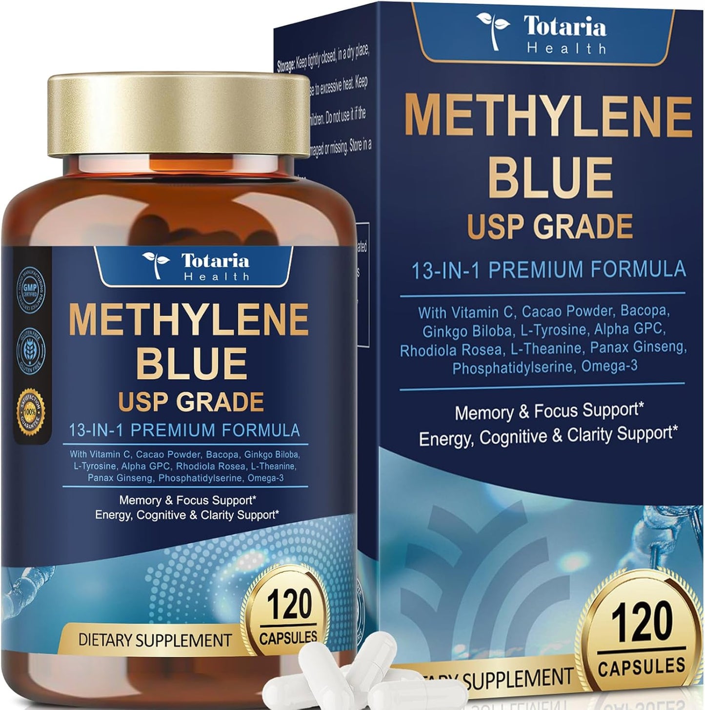 USP Methylene Blue Pharmaceutical Grade, Vitamin C Ester, Bacopa, Phosphatidylserine, Omega-3 Fatty Acids - 13 in 1 Upgrade Patented Brain Formula - Memory, Focus, Clarity, Cognitive, 120 Count