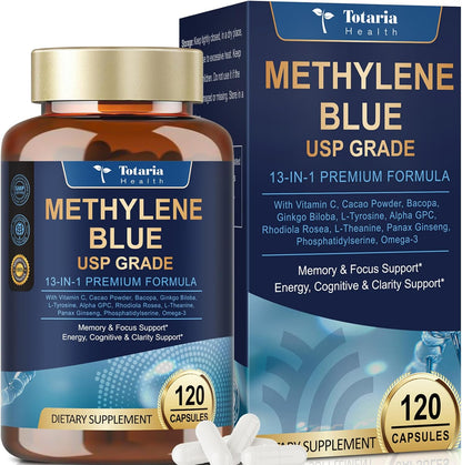 USP Methylene Blue Pharmaceutical Grade, Vitamin C Ester, Bacopa, Phosphatidylserine, Omega-3 Fatty Acids - 13 in 1 Upgrade Patented Brain Formula - Memory, Focus, Clarity, Cognitive, 120 Count