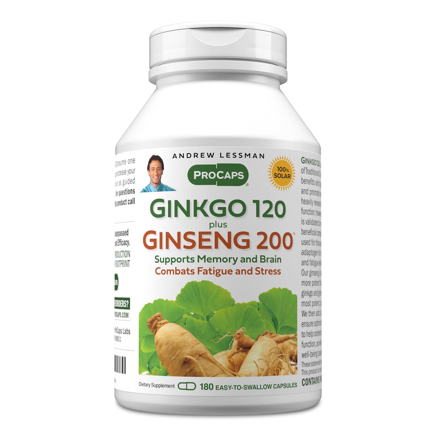 ANDREW LESSMAN Ginkgo 120 Plus Ginseng 200mg - 60 Capsules - Standardized Extract Blend to Support Brain, Memory and Cognitive Function. Adaptogen, Combats Stress and Fatigue. No Additives