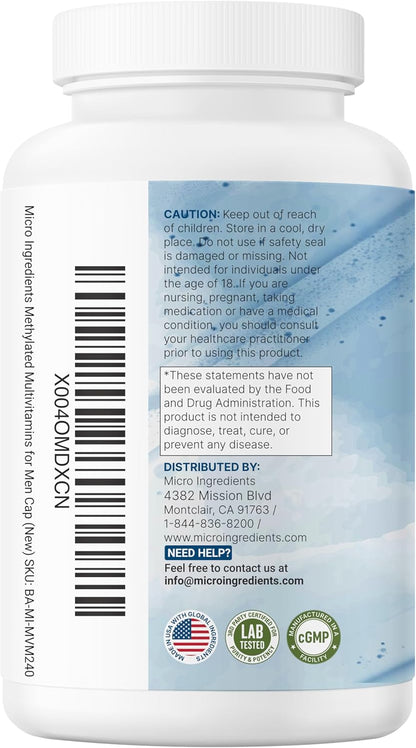 Micro Ingredients Pure Methylated Multivitamin for Men, 240 Capsules | 30 Essential Nutrients with Activated B Complex & Methylfolate + Saw Palmetto, Ginseng, Maca, Lycopene, Vitamin D3 & Zinc