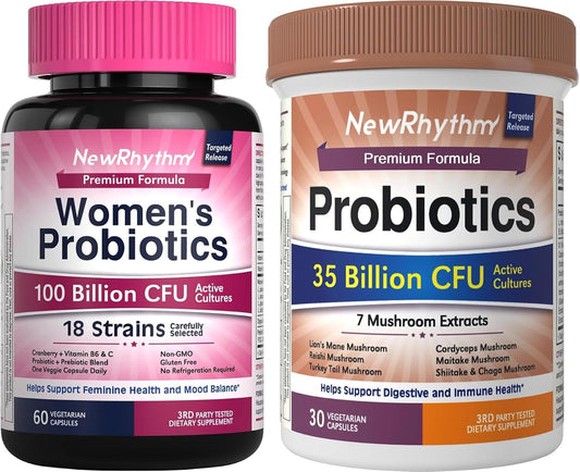 NewRhythm Probiotics Bundle: Probiotics for Women, 100 Billion CFU 18 Strains, Prebiotics, 60 Capsules and Probiotics 35 Billion CFU for Women & Men, 7 Mushroom Extract, 30 Caps