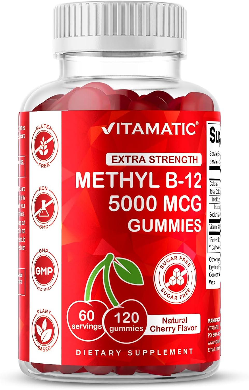 Vitamatic Methyl B12 5000 mcg, 120 Gummies, Natural Cherry Flavor | Extra Strength, Energy Metabolism Support and Nervous System Health Support*, Non-GMO, Gluten Free