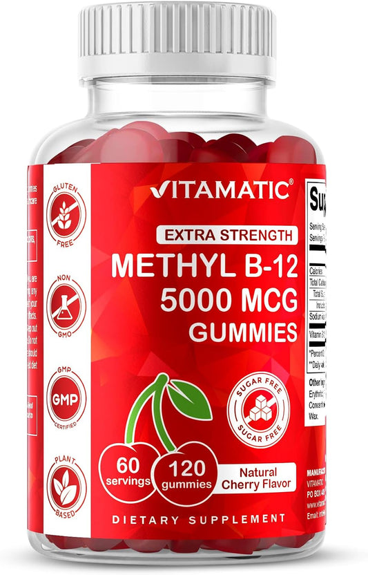 Vitamatic Methyl B12 5000 mcg, 120 Gummies, Natural Cherry Flavor | Extra Strength, Energy Metabolism Support and Nervous System Health Support*, Non-GMO, Gluten Free