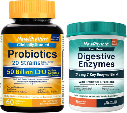 NewRhythm Digestion Boost Bundle, Probiotics, Prebiotics, Digestive Enzymes, Digestion & Immune Support, Bundle & Save, 60 Capsules Each