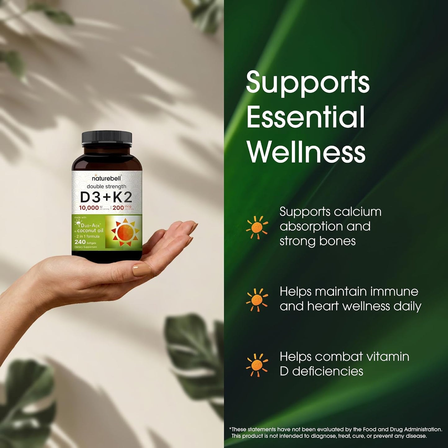 NatureBell Vitamin Double Strength D3 + K2-240 Softgels - 10,000 IU Vitamin D & 200mcg K2 - Bone Strength, Immune Function & Calcium Absorption Support* - Coconut Oil Infused