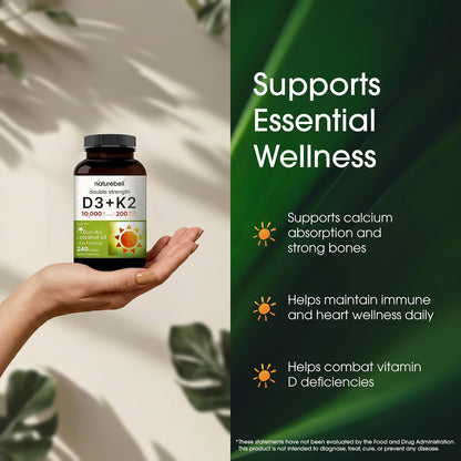 NatureBell Vitamin Double Strength D3 + K2-240 Softgels - 10,000 IU Vitamin D & 200mcg K2 - Bone Strength, Immune Function & Calcium Absorption Support* - Coconut Oil Infused
