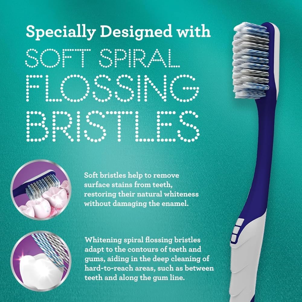 GuruNanda Gentle Giant Toothbrush with Dual Action Flossing Spiral Bristles, Non-Slip Ergo Dexa Grip, Helps in Teeth Whitening, BPA Free Manual Toothbrushes, Assorted Colors, 4 Count