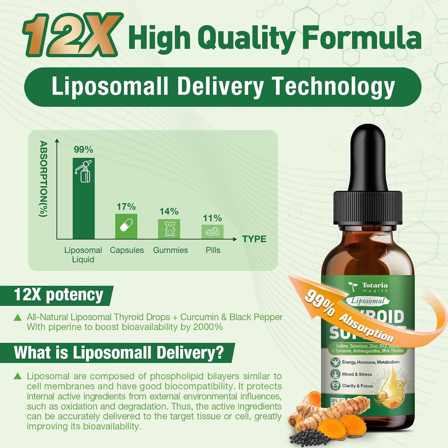 Totaria Liposomal Thyroid Support Drops, Iodine, Selenium, Zinc | Ashwagandha, L-Tyrosine, B12 | Energy, Metabolism, Hormone & Mood, 2 Fl.Oz